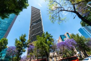 Torres y jacarandas en Paseo de la Reforma, Ciudad de México